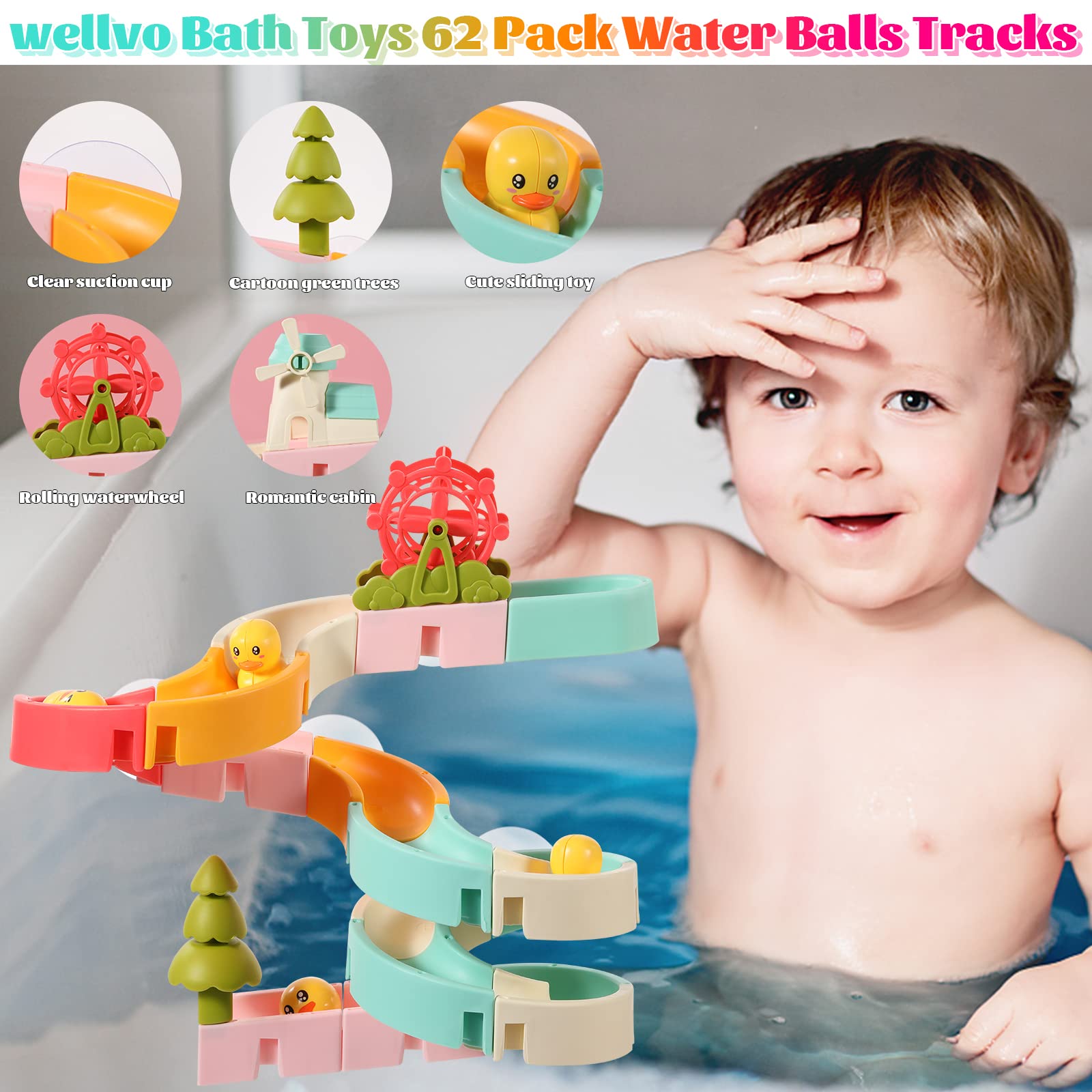 WELLVO 62PCS Bath Toys for Kids Ages 4-8 Duck Slide Bath Toys Wall Bathtub Toy Slide Bath Time Toys for Toddlers 3 4 5 6 Years DIY Take Apart Tracks Set Shower Toys Birthday Gifts for Boys Girls