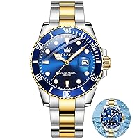 OLEVS Men's Wrist Watches,Luxury Two Tone Stainless Steel Waterproof Blue Watch,Fashion Classic 41mm Big Face Quartz Watch for Man with Date Luminous,Relojes de Hombre