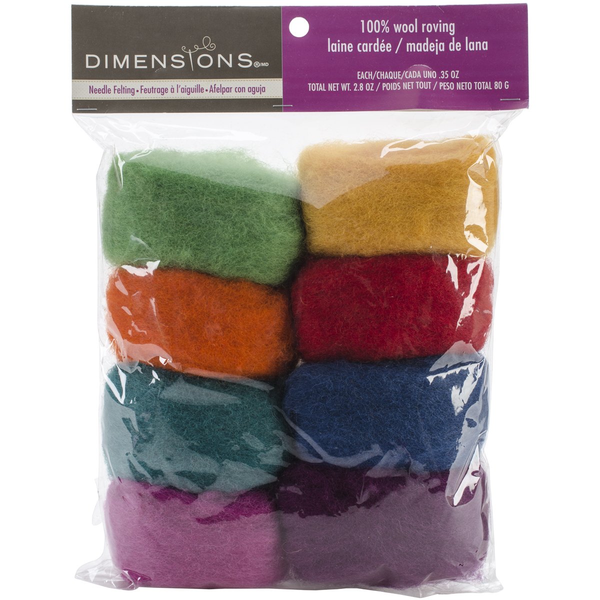 Dimensions Needlecrafts Rainbow Wool Roving for Needle Felting, 8 pack, 80g
