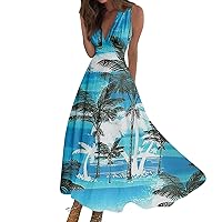 Maxi Dress for Women,Women's Casual Long Dress Sleeveless V Neck Swing Boho Print Floral Fashion Hawaii Sundresses