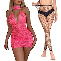 Avidlove Fishnet Stockings Footless and Lace Lingerie Dress(Black and Hot Pink, M)
