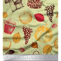 Soimoi Viscos Chiffon Beige Fabric - by The Yard - 42 Inch Wide - Mushroom, Grapes & Fresh Fruits Fusion Fabric - Whimsical Forest Charm with Mushrooms, Grapes, and Fresh Fruits Printed Fabric