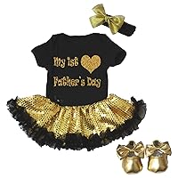 Petitebella My 1st Father's Day Black Bodysuit Gold Sequin Dress Shoes Nb-18m