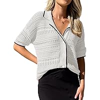 ARTFREE Women's Short Sleeve Cardigan Sweaters Summer Casual Button Down Shirts V Neck Hollow Out Tops Knit Sweater Blouse
