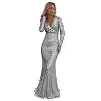 Sparkly Sequin Prom Dresses with Sleeves Mermaid Long Formal Dress for Women V Neck Evening Party Gown