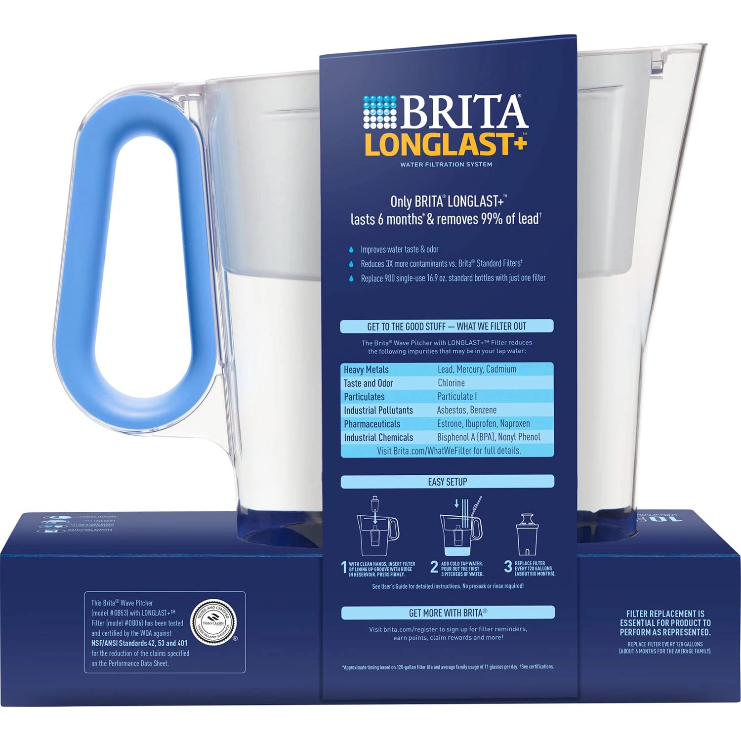 Brita Wave Large 10-Cup Water Filter Pitcher with 2 Longlast+ Filters- Blue