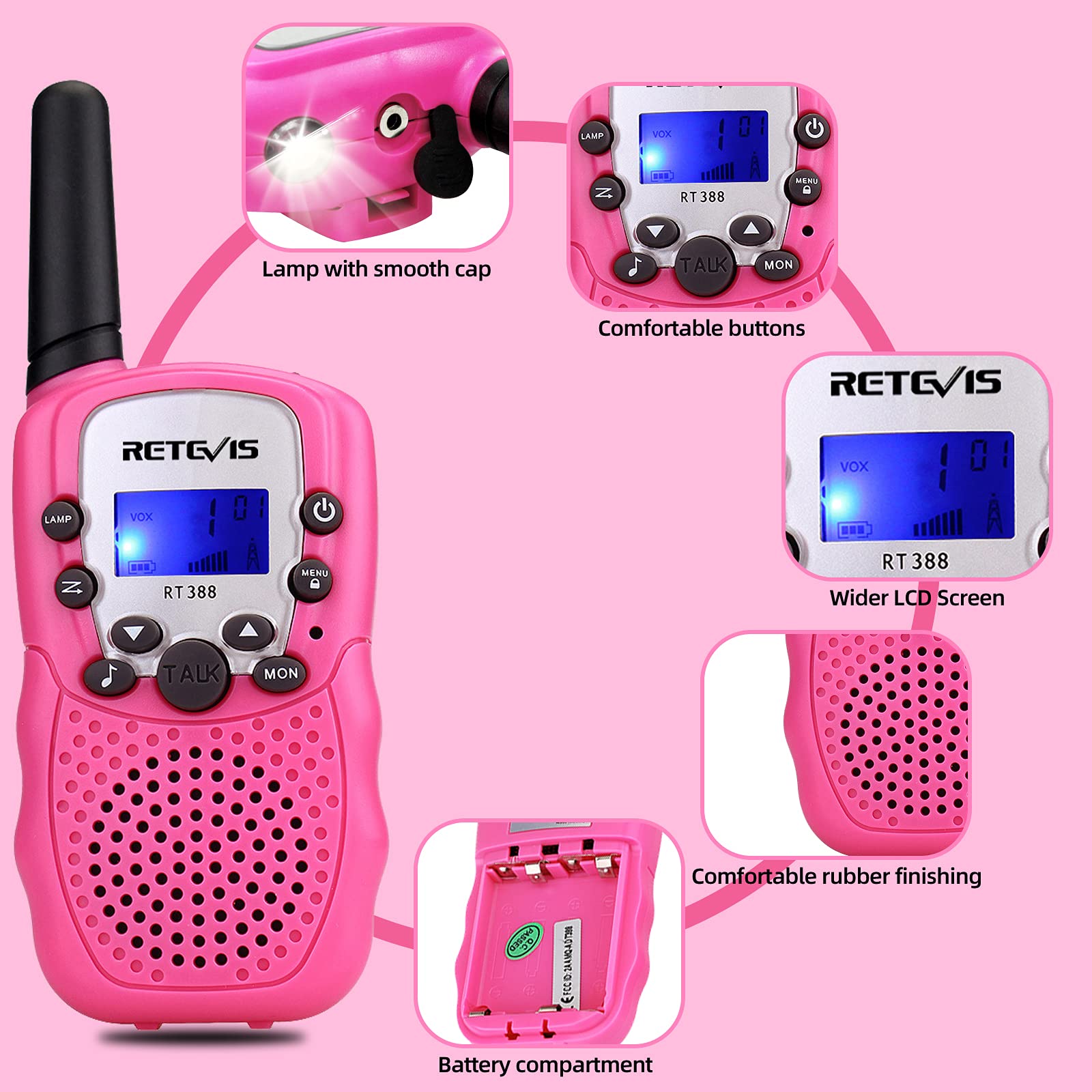 Retevis RT388 Walkie Talkies for Kids,Pink Kids Gifts for Girls Bundle with RT38 Mini Long Range 2 Way Radio,VOX Handsfree Kids Toys for Family Outdoor Camping Trip Hiking (4 Pack)