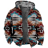 Men's Sherpa Lined Fleece Hoodies Jackets Vintage Western Aztec Print Sweatshirt Winter Chunky Warm Plus Size Jacket