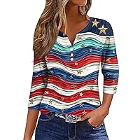 Women's 4Th of July Shirts T Shirt Tee Print Button 3/4 Sleeve Daily Weekend Fashion Basic V-Neck Top Outfits