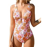 CUPSHE Women's One Piece Swimsuit Deep V Neck Keyhole Cutout O Ring Textured Floral Bathing Suit