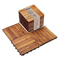 Interlocking Deck Tiles - 10PCS Waterproof Acacia Wood Patio Tiles, Flooring Tiles for Both Indoor and Outdoor - Decking Stripe Pattern, Golden Teak, 12 x 12 x 0.9 inches