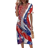 4th of July Dresses for Women 2024 Summer Casual Buttons Wrap Hem Independence Day Amercian Flag Print Party Dress