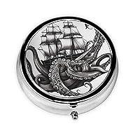 Black and White Octopus and Ship Print Round Pill Organizer 3 Compartment Pill Box Portable Medicine Pill Case for Outdoor Travel