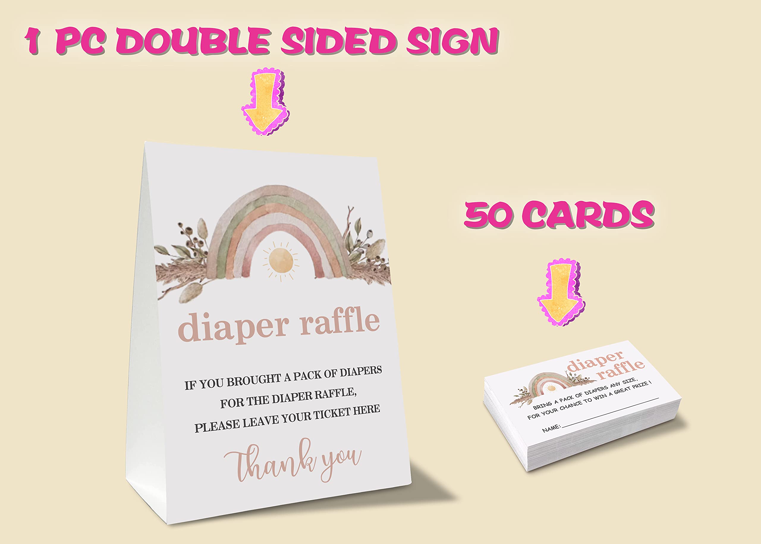 Yuansail Diaper Raffle Tickets For Baby Shower, Rainbow Themed Cards,Party Favors For Baby Showers Game Cards, 1 Sign & 50 Cards Per Pack – (bb001-niaobu)