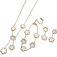 Five Leaf Lucky Clover Jewelry Set, Minimalist Creative Plant Flower Design Four leaf clover 18K Gold Plated Stainless Steel Pendant Necklace Earrings Bracelet Jewelry Set (3pcs white set v2)