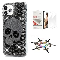 STENES Sparkle Case Compatible with iPhone 15 Pro Max - Stylish - 3D Handmade Bling Rrivet Skull Crystal Rhinestone Glitter Design Cover Case with Screen Protector [2 Pack] - Black