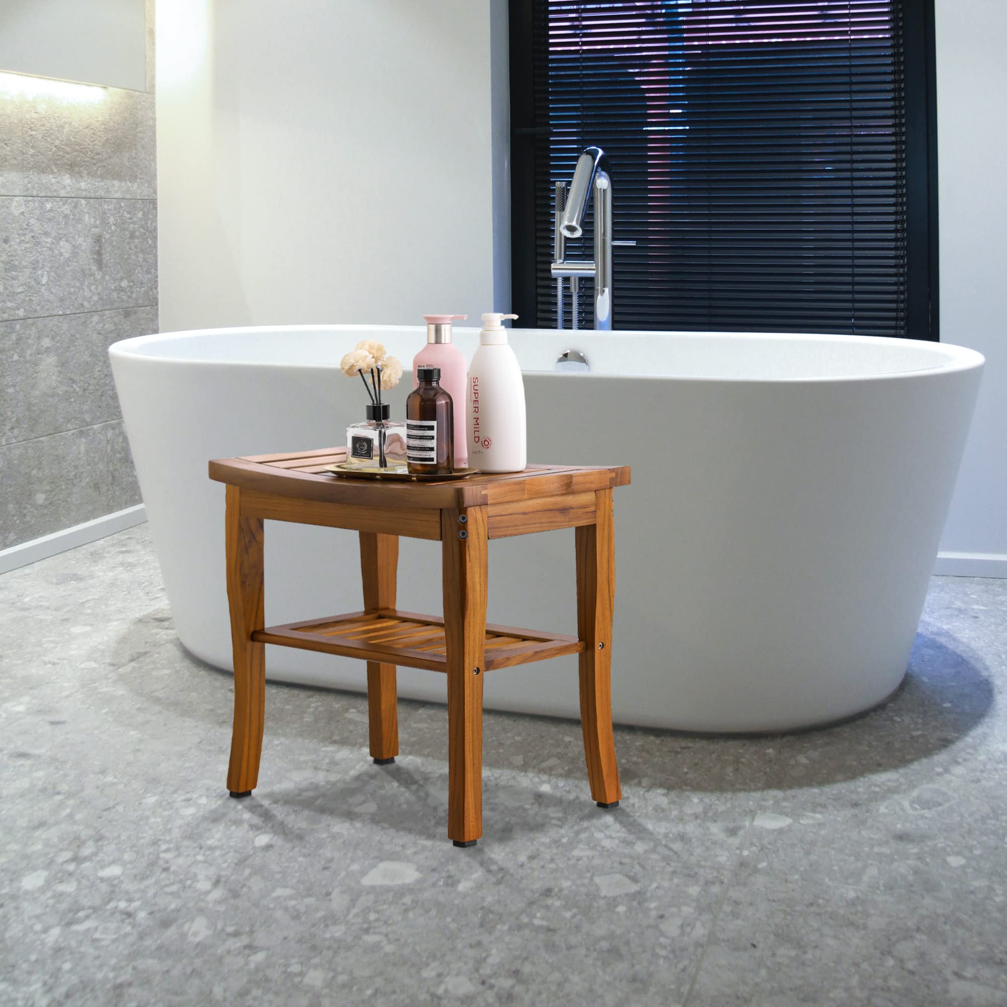 VaeFae Teak Shower Bench, Spa Bath Shower Stool with Storage Shelf, Wooden Seat Stool for Bathroom