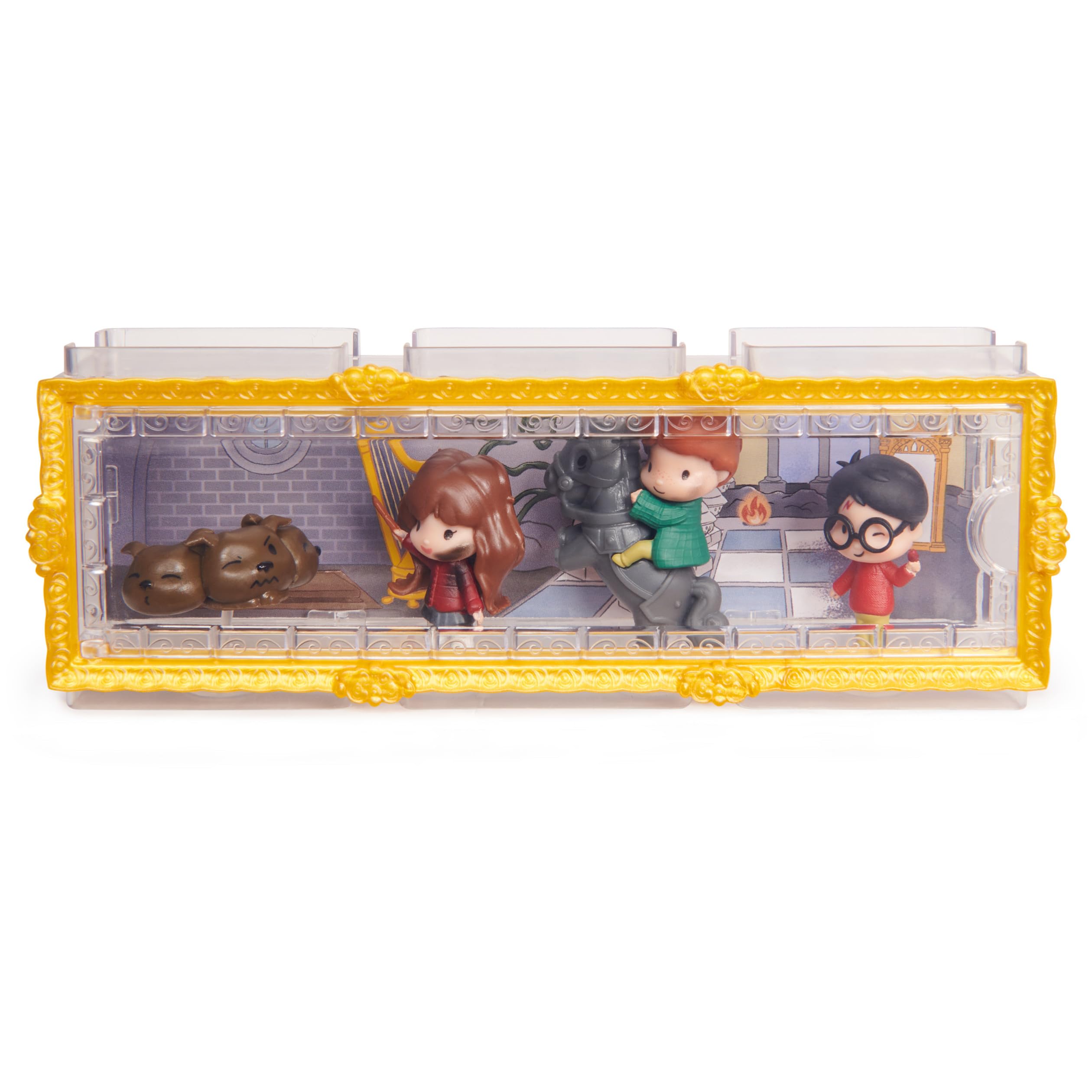 Wizarding World Harry Potter, Micro Magical Moments Scene Gift Set with Exclusive Harry, Hermione, Ron, Fluffy Figures & Display Case, Kids Toys