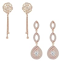 I Jewels Rose Gold Plated Indian Wedding Bollywood Floral Shape American Diamond Tassel Drop Fashionable Cubic Zirconia Combo Earrings For Women & Girls