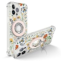 GVIEWIN Bundle - Compatible with iPhone 13 Pro Case (Blooming Flowerets) + Magnetic Phone Ring Holder (Pink)