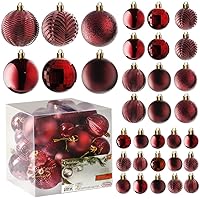 PREXTEX Christmas Ball Ornaments for Christmas Decorations (Red) | 36 pcs Xmas Tree Shatterproof Ornaments with Hanging Loop for Holiday, Wreath and Party Decorations (Combo of 6 Styles in 3 Sizes)