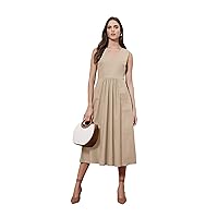 Donna Morgan Women's Sleeveless V-Neck Front Pocket Linen Fit and Flare Midi Dress