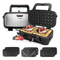 Waffle Makers, 3-in-1 Waffle Iron Panini Press Sandwich Maker with Removable Plates, 5-gears Temperature Control Non Stick Coating Cool Touch Handle Anti-skid Feet for Breakfast 1200W 120V