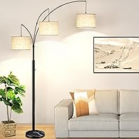Floor Lamps for Living Room, 3-Light Dimmable Arc Tall Standing Floor Lamp with Adjustable Hanging Fabric Shades, Modern Floor Lamp with Marble Base for Bedroom Office, 3 LED Bulbs Included