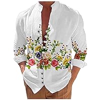 Mens Banded Collar Casual Shirts Fashion Flower Print Long Sleeve Button Down Shirt Holiday Graphic Stretch Shirt