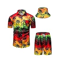 TUNEVUSE Mens Hawaiian Shirts and Shorts Set 2 Pieces Tropical Outfit Flower Print Button Down Beach Suit with Bucket Hats