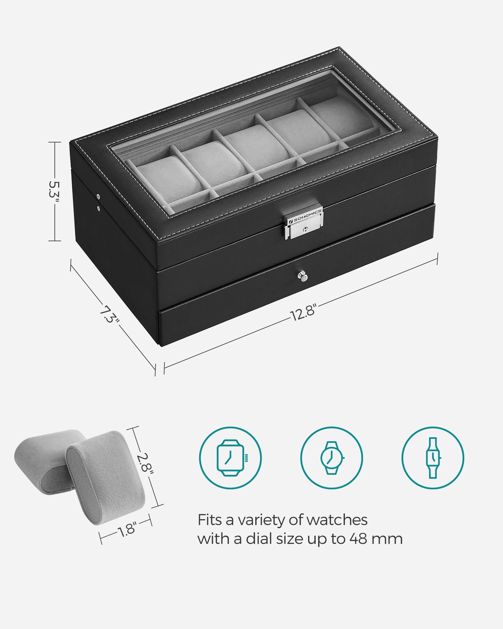 SONGMICS 12-Slot Watch Box, Lockable Watch Case with Glass Lid, 2 Layers, with 1 Drawer for Rings, Bracelets, Gift Idea, Black Synthetic Leather, Gray Lining UJWB012