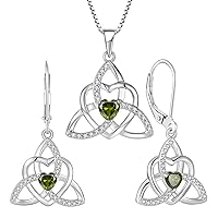 Celtic Knot Heart Necklace Earrings 925 Sterling Silver Trinity Love Knot Pendant Peridot Birthstones August Jewelry Set for Women