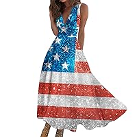 American Flag Dress Women Dress Casual Summer Sleeveless V Neck Boho Waist Retraction Printed Maxi Dress