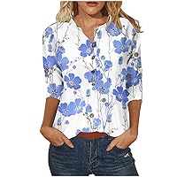 Women's Casual 3/4 Sleeve Tops Fashion Floral Printed Round Neck Button Up Basic Tunic Tops T-Shirts Dressy Blouses