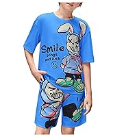 Boy's 2 Piece Cartoon Slogan Graphic Short Sleeve Round Neck Pullover Tee Top and Track Shorts Sets