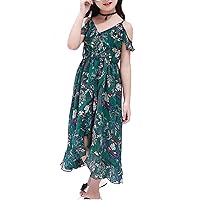 Chiffon Floral Printed Off The Shoulder Split Beach Party Maxi Dress Sundress Little Girls (Green 7-8Y)