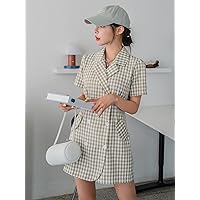 Women Dresses Gingham Flap Detail Puff Sleeve Double Breasted Dress (Color : Multicolor, Size : X-Large)