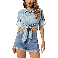 Women's Tie Front Chambray Shirts Roll Up 3/4 Sleeve Button Down Crop Denim Tops