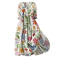 Women's Casual Art Floral Print Button Midi Cotton Linen Loose Dress Drawstring Tunic Flowy Lightweight Pleated Dress