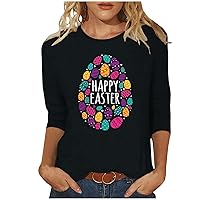 Workout Tops for Women Happy Easter T-Shirt 3/4 Sleeve Blouse Cute Bunny Eggs Print Graphic Tees Crew Neck Casual Shirts