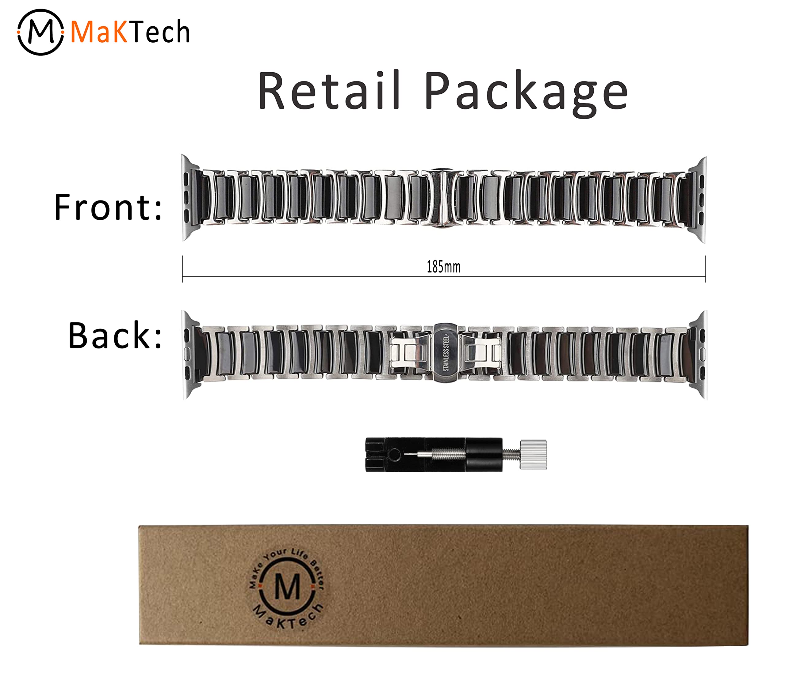 MaKTech Ceramic Band,Thin Stainless Steel Inlaid Ceramic Link Bracelet Strap,for Apple Watch Series 8/7/6/SE/Ultra/2022