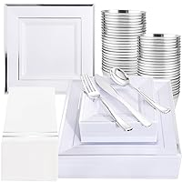 350Pcs Silver Plates - Silver Square Plastic Plates include 50 Dinner Plates 50 Dessert Plates 50 Cups 50Plastic Cutlery 50Hand Napkins Perfect for Party&Weeding&Christmas