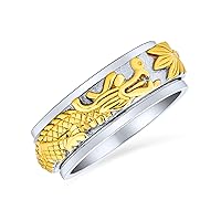 Personalize Two Tone Overlay Gold Silver Tones Titanium Steel Exotic 3D Asian Chinese Dragon Fidget Spinner Ring Band Jewelry For Men For Women 8MM Wide Custom Engraved