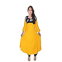 Women's Long Dress Ethnic Umbrella Design Tunic Animal Print Casual Frock Suit Kurti Yellow Color