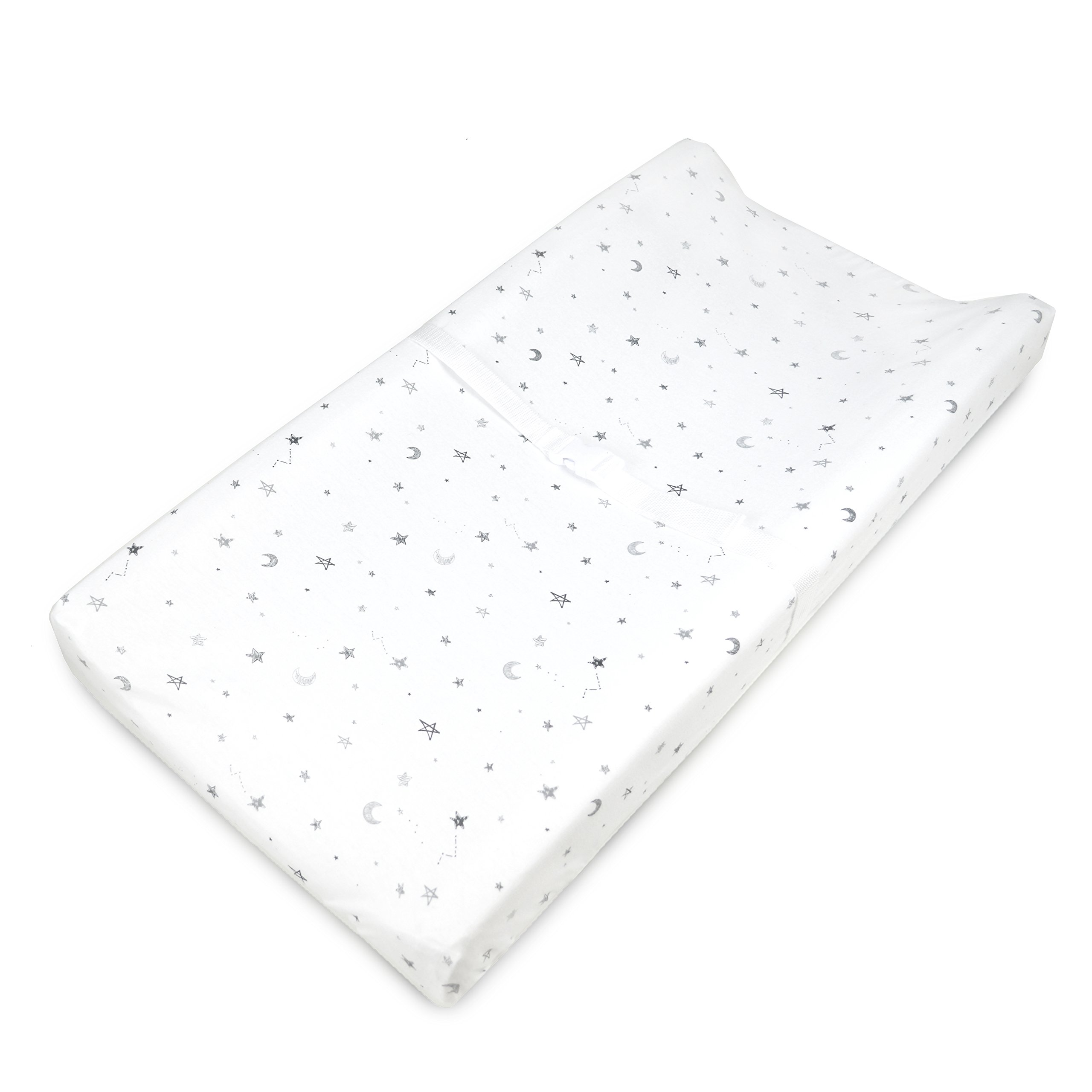 American Baby Company Printed 100% Cotton Knit Fitted Contoured Changing Table Pad Cover - Compatible with Mika Micky Bassinet, Gray Stars and Moons, for Boys and Girls