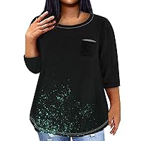 Plus Size Tops for Women 2024 Sparkly Casual Fashion Loose Fit Trendy with 3/4 Length Sleeve Round Neck Shirts