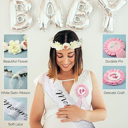 4 Pieces Baby Shower Kits Include Baby Shower Sash, Mommy Daddy Badge Button Pin Kits and Flower Crown for Baby Shower Decoration Gender Reveal Baby Sprinkle Welcome Baby