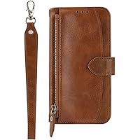 Case for Google Pixel 7 Pro, Premium Leather Zipper Wallet Case with Card Slots Wrist Strap Magnetic Flip Stand Phone Cover for Google Pixel 7 Pro,Brown