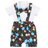 IMEKIS Baby Boy 1st Birthday Outfit Space Cow Print Cake Smash Romper Bowtie Suspenders Shorts Set Photo Shoot