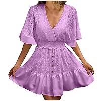 Deep V Neck Lace Mini Dress Women Flowy Batwing Sleeve Smocked High Waist A-Line Dress Lace-Up Backless Beach Dress